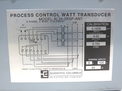 Scientific Columbus XL34-2K5P-AN7 Process Control Watt Transducer 0-1500W 4-20mA (DW2026-2)