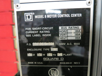 Square D Model 6 800/300 Amp 480V MCC Motor Control Center 3x Section 800A 300A (DW2109-7)