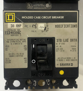 Square D I-Line FC24030BC 30A Circuit Breaker 2 Pole in 3P Frame 480 VAC 30 Amp (EM3966-1)