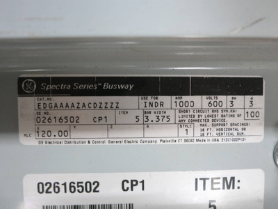 GE Spectra Busway 10' Feeder 1000A 600V 3PH 3W Bus Bar Duct 1000 Amp 10ft 120" (DW2333-2)