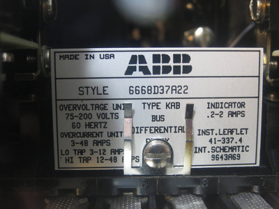ABB 6668D37A22 Bus Differential Relay Type KAB Overcurrent 9643A69 FLAW (DW2428-1)