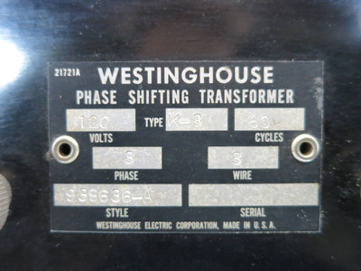 Westinghouse 938636-A Phase Shifting Transformer Type K-3 120V 3PH 3W (DW2447-1)
