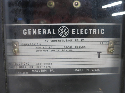 GE 12NGV12A11A AC Undervoltage Relay Type NGV 120V 60Hz 70-100V General Electric (DW2528-2)