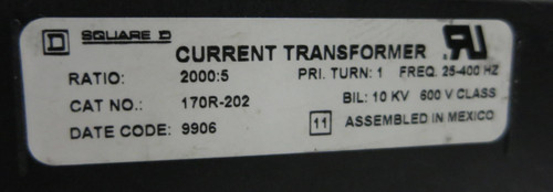 Square D 170R-202 Current Transformer Ratio 2000:5 600V 10 kV CT (GA0394-1)