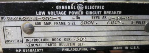 General Electric AKU-3A-25 600A Motor Operated EO Drawout Breaker Air GE U3A (GA0409-1)