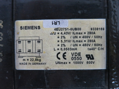 Siemens 4EU2751-0UB00 280A 3PH AC Line Reactor Choke 460V 280 Amp 4EU27510UB00 (DW2771-2)