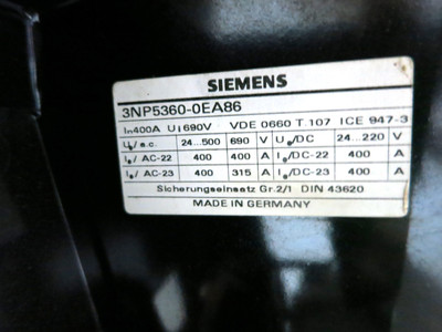 Siemens 3NP5360-0EA86 Fuse Switch Disconnector 3NP5 400A 3VU1300-1MS00 Breaker (DW2806-2)