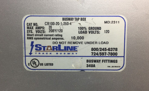 StarLine CB100-20-1-250-4 20A Busway Tap Box 208Y/120V Bus Plug 1P 20 Amp 34UA (EM4130-2)