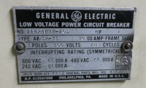 GE AK-3A-75 3000A w LSG Satin American Corp Trip EO General Electric Air Breaker (GA0496-3)