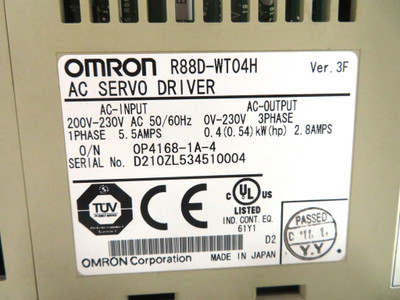 Omron R88D-WT04H 0.54 HP AC Servo Driver 200-230 VAC 400W 2.8A Drive 0.4kW (DW3134-8)