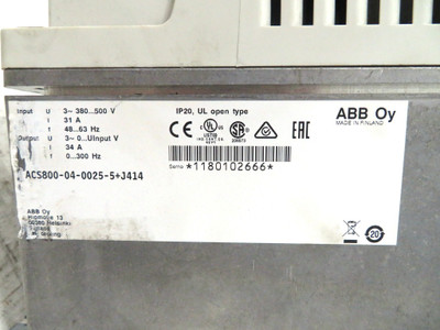 ABB ACS800-04-0025-5+J414 25HP AC VS Drive 480V 34A 25 HP 18.5kW Hz Converter Oy (DW3138-26)
