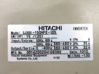 Hitachi SJ300-150HFE-SD5 20 HP AC Transistor Inverter VS Drive 20HP 15kW 32A (DW3199-13)