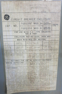 GE TQD225S Breaker Enclosure w 225A Molded Case Switch TQD32Y225 General Electric (GA0646-6)