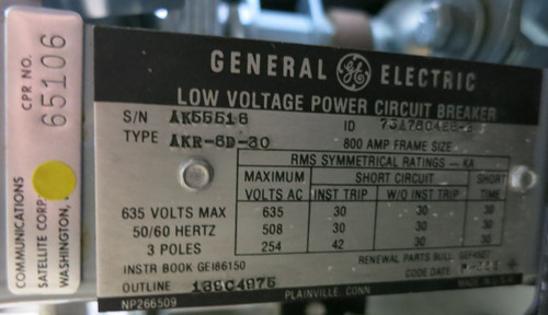 GE AKR-6D-30 400 Amp EO Air Breaker MicroVersaTrip TA9VT20MA1 LS w/ Aux & Shunt (GA0656-3)