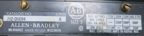 Allen Bradley 702-DOD94 Enclosed Size 3 AC Motor Contactor Ser K 120V Coil 4P (GA0669-2)