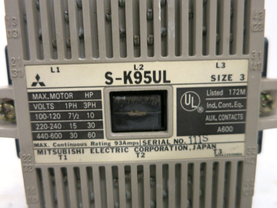 Mitsubishi S-K95UL Contactor Size 3 60HP 120V Coil 93A SK95UL S-K95 sz3 (DW3595-2)
