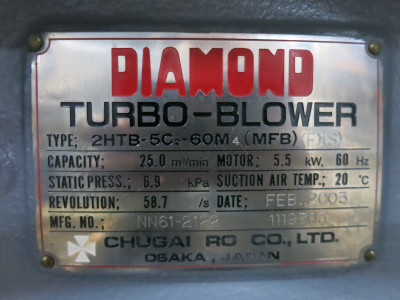 Chugai 2HTB-5C2-60M(MFB) Diamond Turbo-Blower 7.5HP Motor 3PH 883 CFM 3500 RPM (DW3603-1)