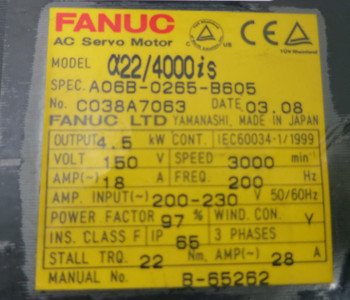Fanuc a 22/4000iS A06B-0265-B605 3000 RPM AC Servo Motor Pulsecoder a64iA (GA0719-1)