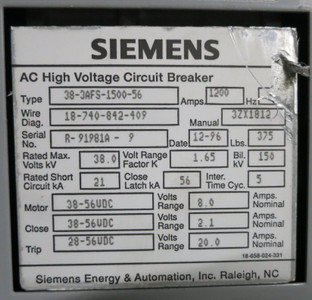 Siemens 1200A 38kV 38-3AFS-1500-56 56VDC AC High Voltage Vacuum Circuit Breaker (GA0730-2)