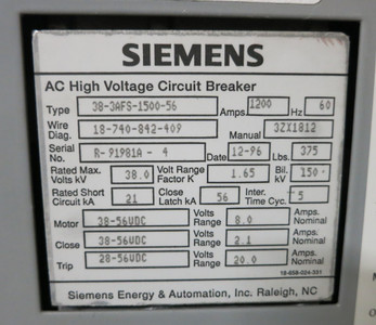 Siemens 1200A 38kV 38-3AFS-1500-56 56VDC AC High Voltage Vacuum Breaker (GA0733-2)