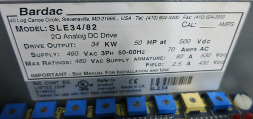 Bardac 2Q Analog DC Drive SLE34/82 50 HP 480V 70 Amps AC 34kW (GA0529-1)