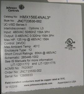 Johnson Controls HMX156E4NAL3* 125 HP VS Drive 125HP JC-VSD Series II  480V (GA0739-1)