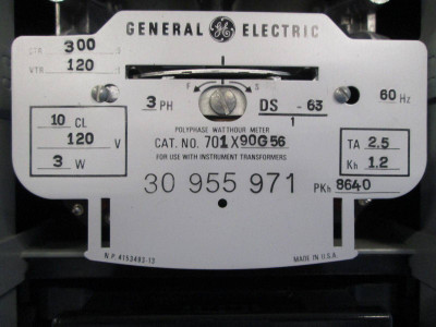 General Electric Polyphase Watthour Meter 3PH 701X90G56 Watt Hour Meter DS-63 3P (EBI2195-11)