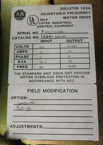 Allen Bradley 1334-EOB-NW 10 HP AC VS Drive 460V 12 kVA 15A 1334-E0B VFD (GA0744-1)