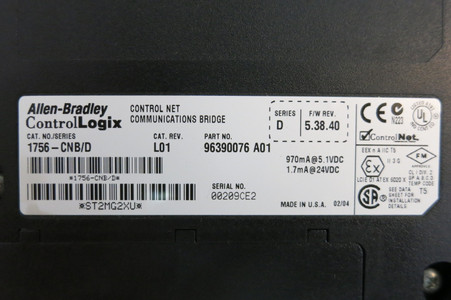 Allen Bradley 1756-CNB/D FW Rev 5.38.40 Control Net Communications Bridge PLC AB (PM3155-1)
