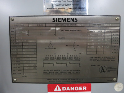Siemens 1000/1333 kVA 12470 Delta to 208Y/120 Volts Dry Type Transformer 208 (DW3745-1)