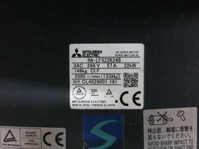 Mitsubishi HA-LFS22K24B AC Servo Motor 22 kW 2000 RPM 266V 57A 3PH HALFS22K24B (DW3766-1)