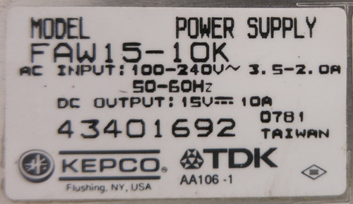 Kepco FAW15-10K 100-240V 2.0A Power Supply 43401692 TDK (GA0828-1)