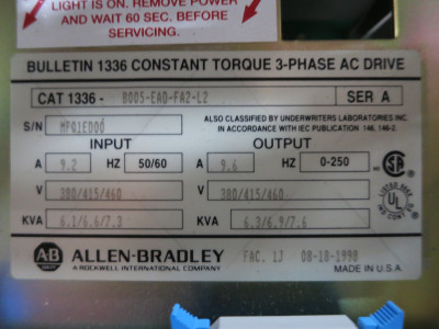 Allen Bradley 1336-B005-EAD-FA2-L2 5 HP 1336 AC VS Drive 5HP 7.6kVA 9.6A Ser A (DW3938-1)