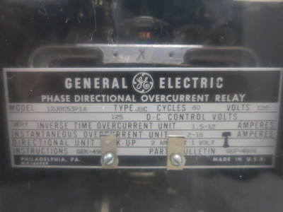 GE 12JBC53P1A Phase Directional Overcurrent Relay Type JBC 120V 1.5-12A 2-16 (DW4088-3)