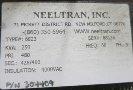 Neeltran 6823 250kVA 480V/428 Isolation Transformer Insulation 4000VAC 60Hz (GA1064-3)