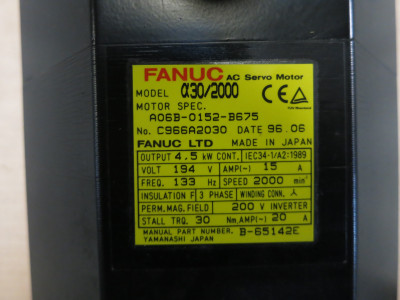 Fanuc A06B-0152-BB675 AC Servo Motor a30/2000 194V 4.5kW 15A 2000 RPM 133 Hz 3PH (DW4407-1)
