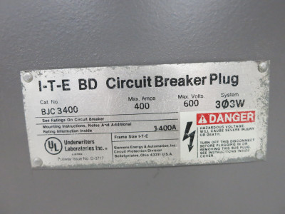 ITE BJC3400 400A 600V BD Circuit Breaker Bus Plug 3PH 3W 400 Amp BOS14355 Gould (DW4471-1)