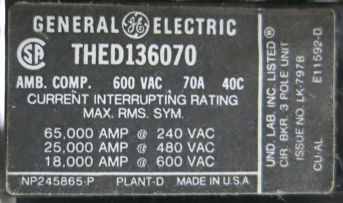 General Electric GE 8000 70 Amp THED136070 Breaker 6" MCC Feeder Bucket 70A (BJ0087-33)