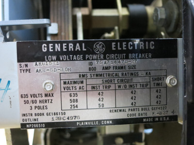 GE AKR-6D-30H 800A MO Power Air Breaker TA9VT20GA3 LIG Trip Unit 800 Amp (DW4918-1)