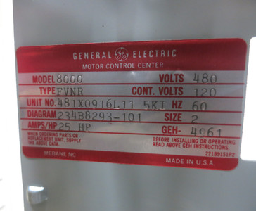 GE 8000 30A Breaker Size 2 12" MCC Starter Bucket 30 Amp CR206 TEC (BJ0232-1)