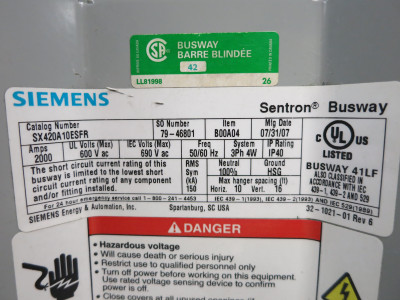 Siemens SX420A10ESFR Sentron Busway 2000A Elbow Flat Connector Stack 2000 Amp (DW4925-2)