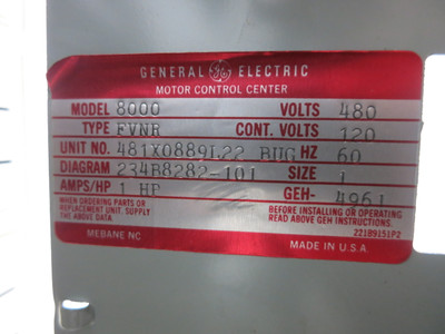 GE 8000 7A Breaker Size 1 Starter 12" MCC Bucket TEC CR206C0 7 Amp Green Label (BJ0259-1)