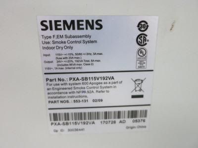 Siemens PXA-SB115V192VA Power Supply Module Service Box Panel Smoke Control (DW5099-2)