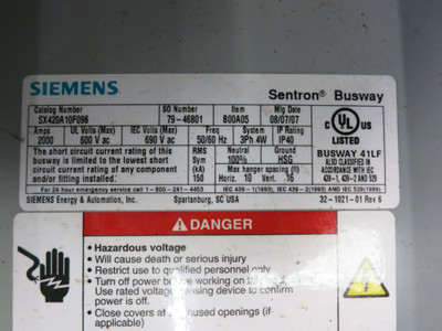 Siemens SX420A10F096 Sentron Busway 2000A 96" Feeder 600V 3PH 4W 2000 Amp Bus 8' (DW5190-1)