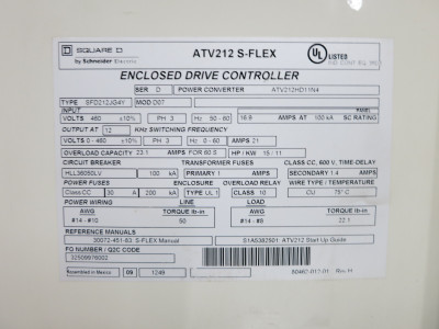 Square D ATV212 S-Flex VS Drive Controller 30 HP Enclosed VFD SFD212MG4Y 460V (DW5227-4)