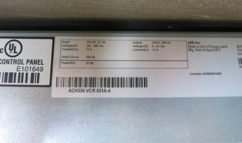 ABB ACH550-VCR-031A-4 20 HP AC VS HVAC Drive 480V w/ Bypass RBCU E-Clipse ACX550 (DW5347-1)