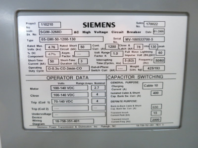 Siemens 05-GMI-50-1200-130 1200A 4.76kV Vacuum Circuit Breaker 1200 Amp VS-15050 (DW5383-5)