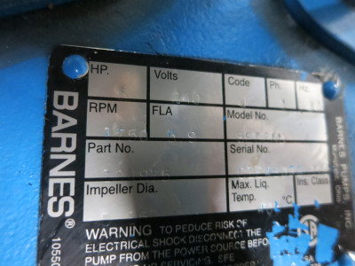 Barnes SE52AU 0.5 HP Sewage Pump 104875 240V 1750 RPM 2SE-L 1PH (DW5440-1)