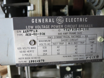GE AKR-6D-30H 800A/600A MO Power Air Breaker TA9VT20MGA3 LSG Trip Unit 800 Amp (DW5488-6)