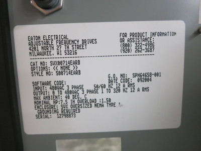Eaton SVX007A1-4A1B1 7.5 HP SVX9000 AC VS Drive SVX-9000 7.5HP 480V Enclosed 15A (DW5602-2)
